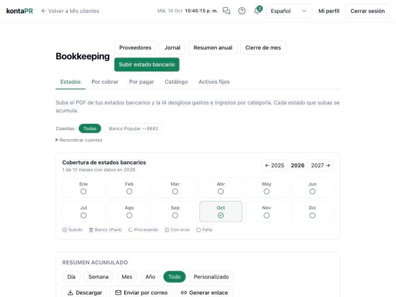 Bookkeeping de KontaPR: cobertura de estados bancarios por mes y categorización con IA