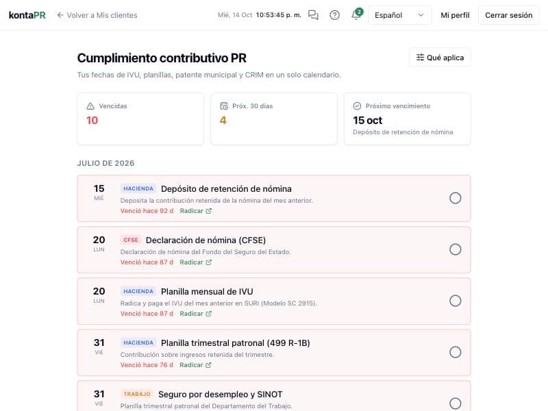Calendario de cumplimiento contributivo de Puerto Rico en KontaPR