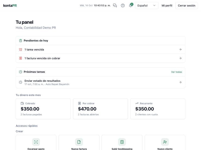 Panel de KontaPR: cobros del mes, tareas pendientes y accesos rápidos